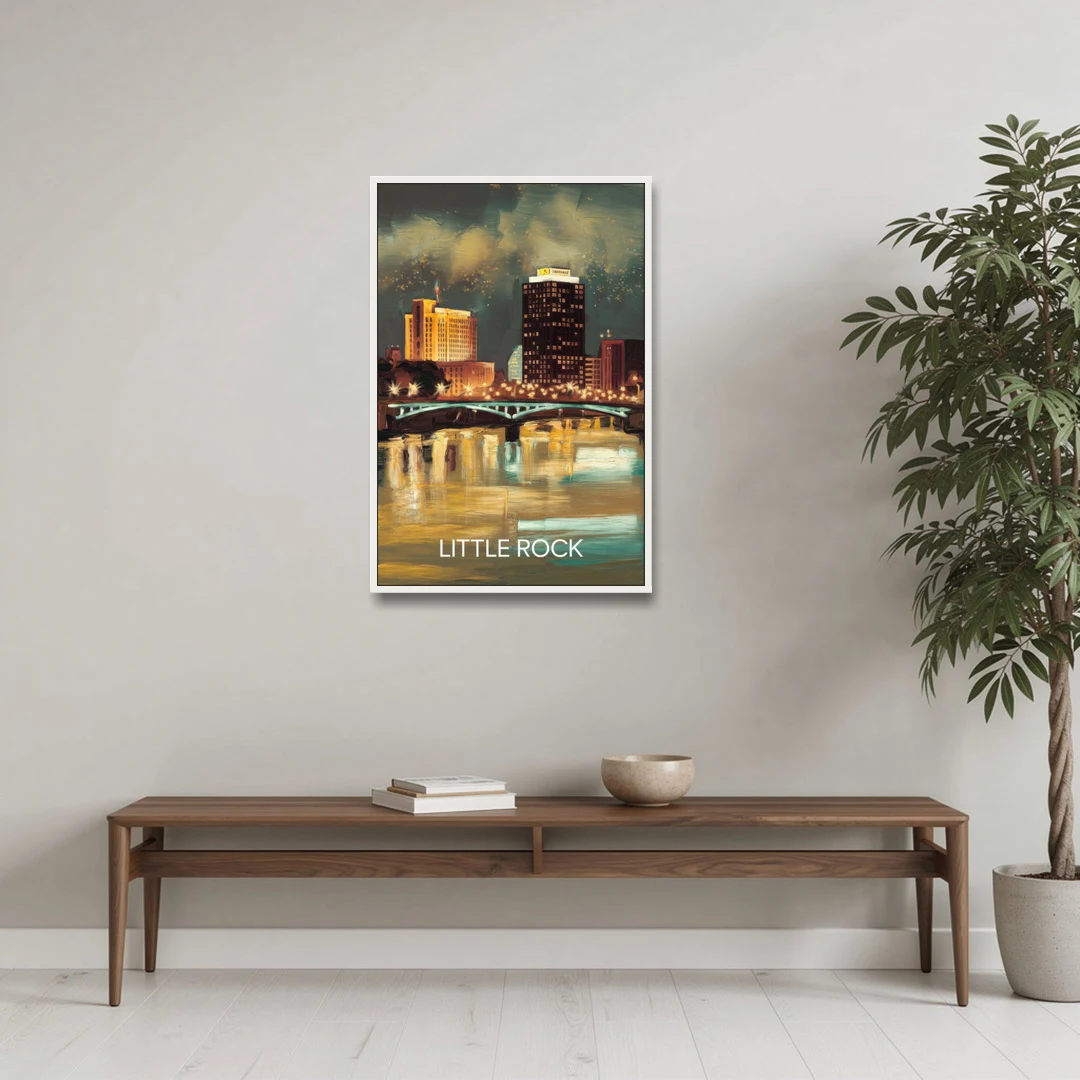 Little Rock Nighttime Skyline - White Framed Canvas Wall Art - Coffee Table - 24x36