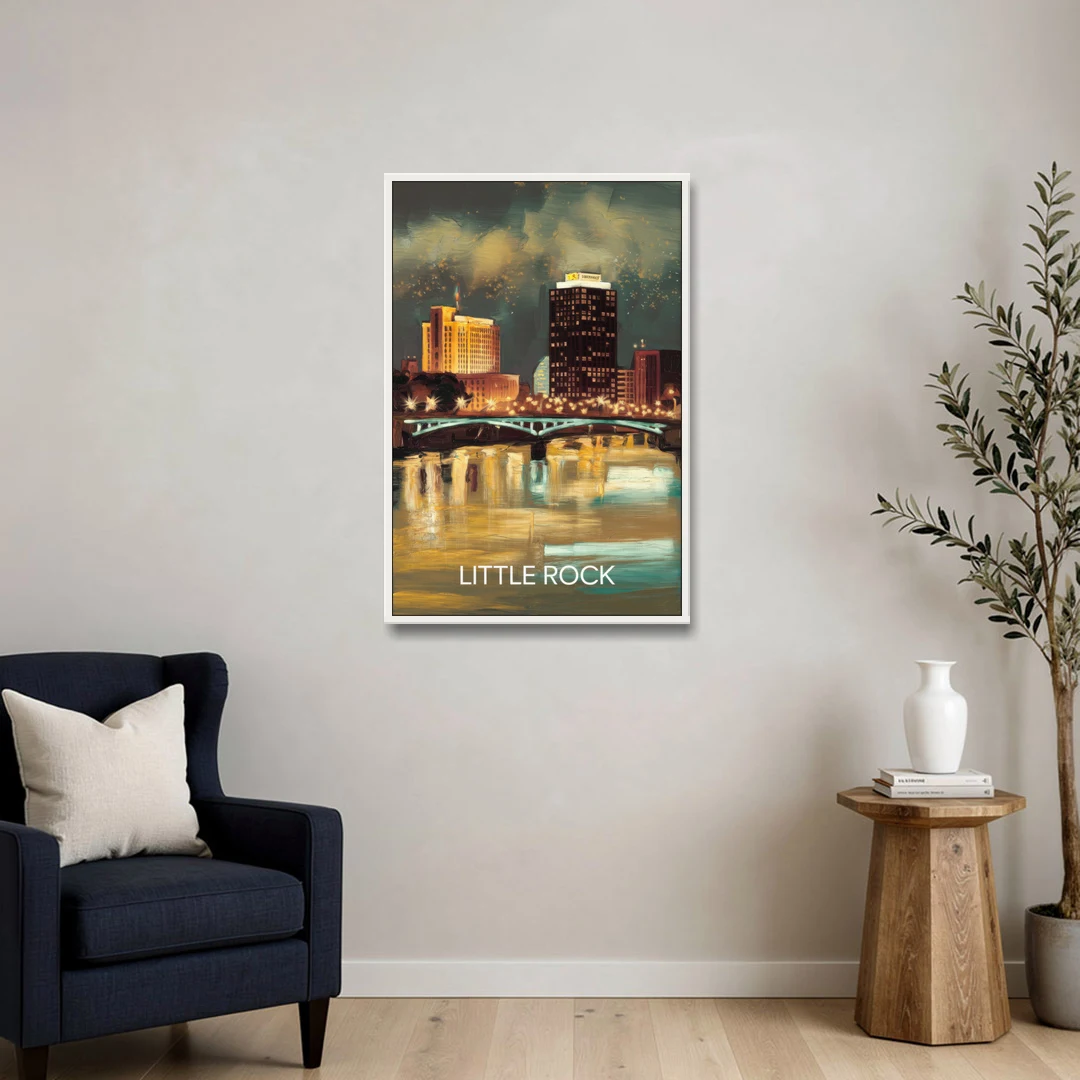Little Rock Nighttime Skyline - White Framed Canvas Wall Art - Sofa - 24x36