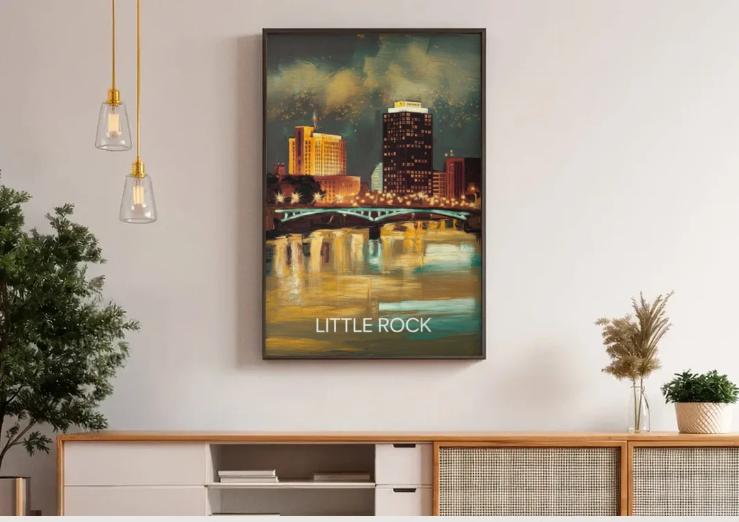 Little Rock Nighttime Skyline canvas wall art above a wooden sideboard under pendant lights