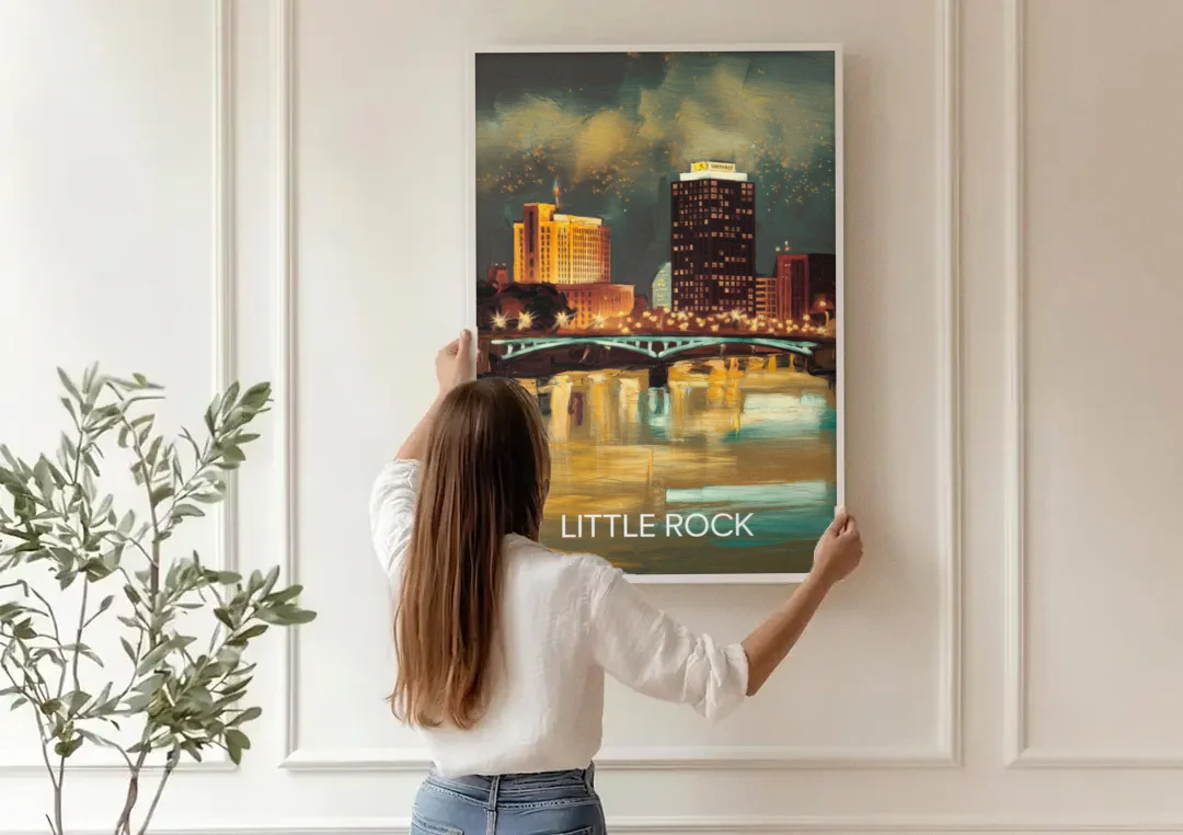 Little Rock Nighttime Skyline canvas wall art being hung on a paneled wall