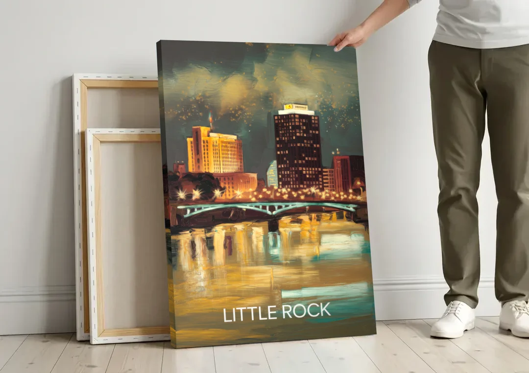 Little Rock Nighttime Skyline canvas wall art leaning against a wall next to blank canvases