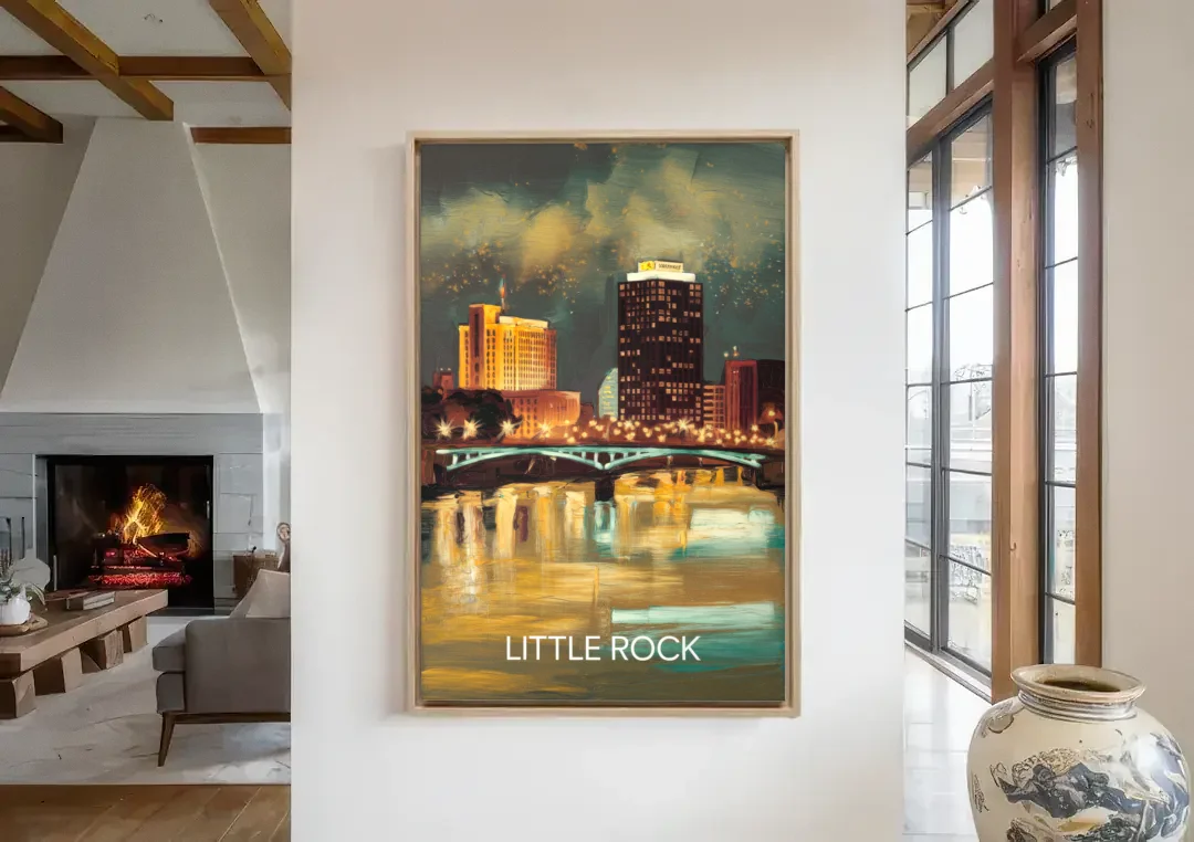 Little Rock Nighttime Skyline canvas wall art in a living room with a fireplace
