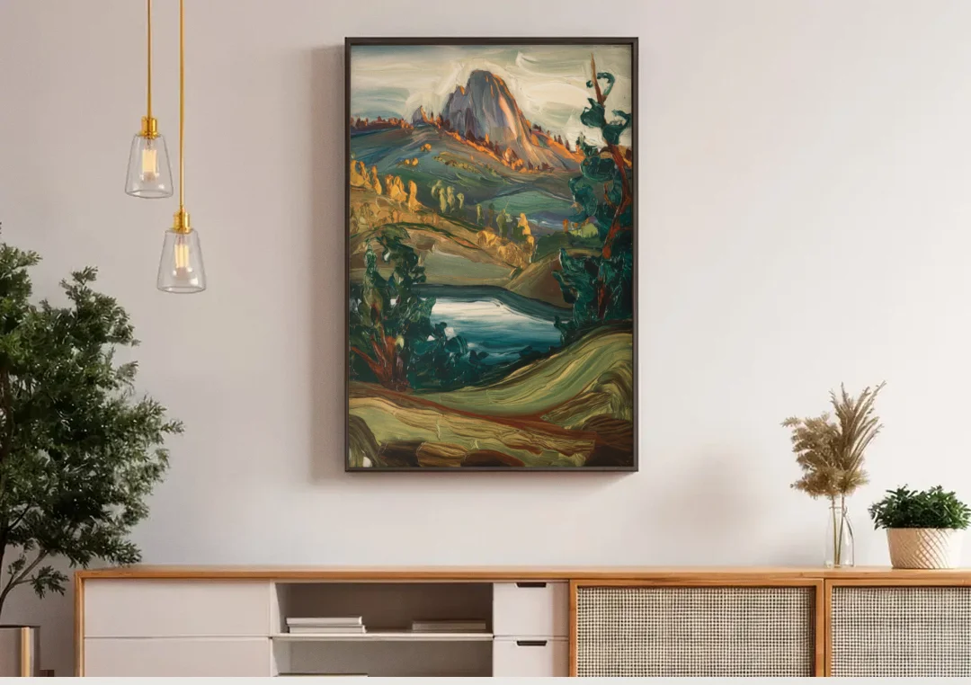 Little Rock Pinnacle Mountain canvas wall art above a wooden sideboard under pendant lights