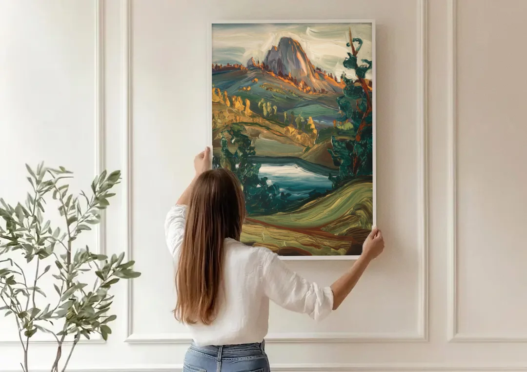 Little Rock Pinnacle Mountain canvas wall art being hung on a paneled wall
