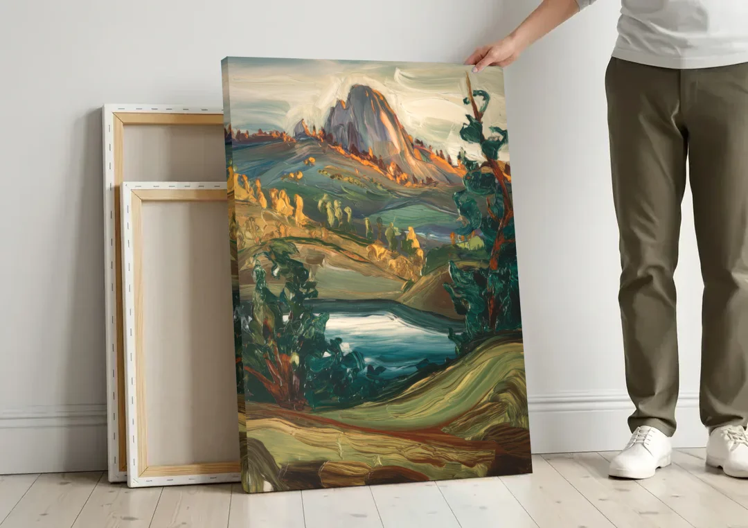 Little Rock Pinnacle Mountain canvas wall art leaning against a wall next to blank canvases