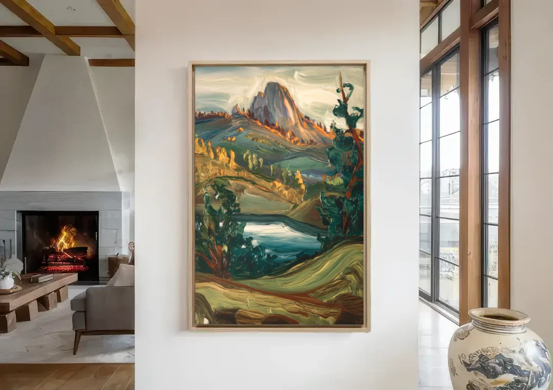 Little Rock Pinnacle Mountain canvas wall art in a living room with a fireplace