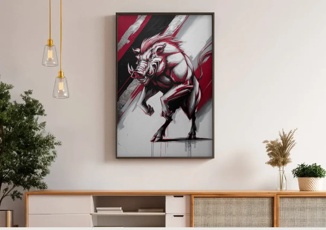 Little Rock Razorbacks Tribute canvas wall art above a wooden sideboard under pendant lights