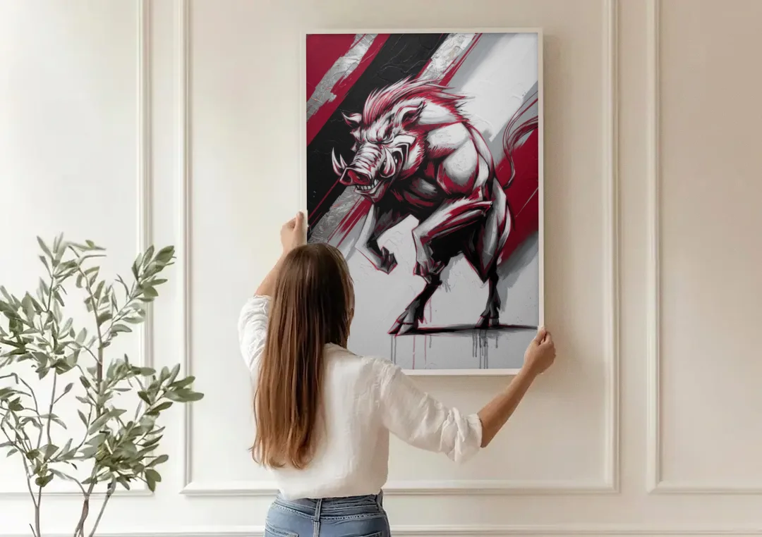 Little Rock Razorbacks Tribute canvas wall art being hung on a paneled wall