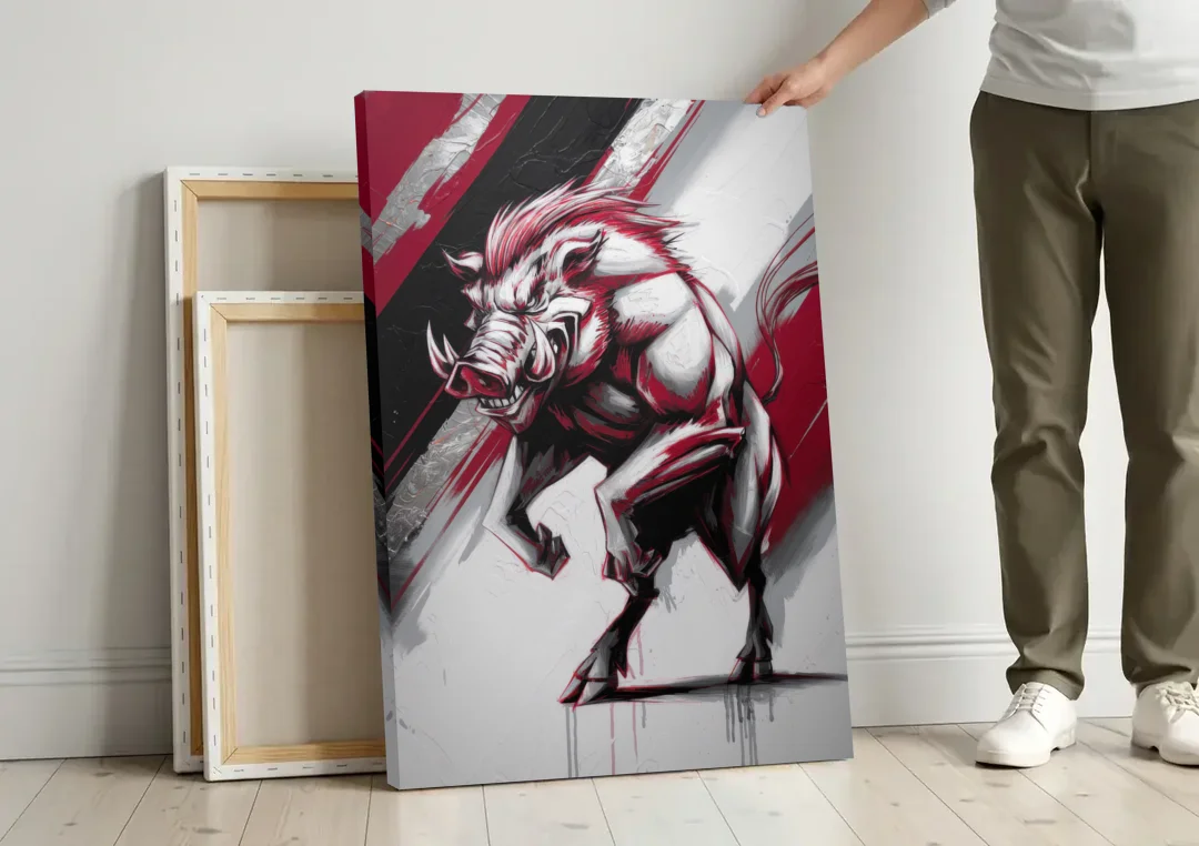 Little Rock Razorbacks Tribute canvas wall art leaning against a wall next to blank canvases