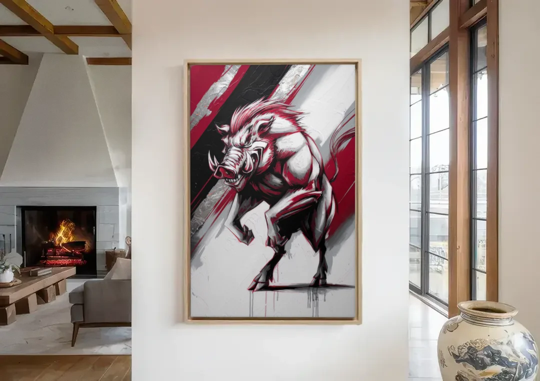 Little Rock Razorbacks Tribute canvas wall art in a living room with a fireplace