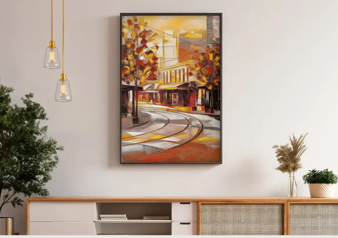 Little Rock River Market View canvas wall art above a wooden sideboard under pendant lights