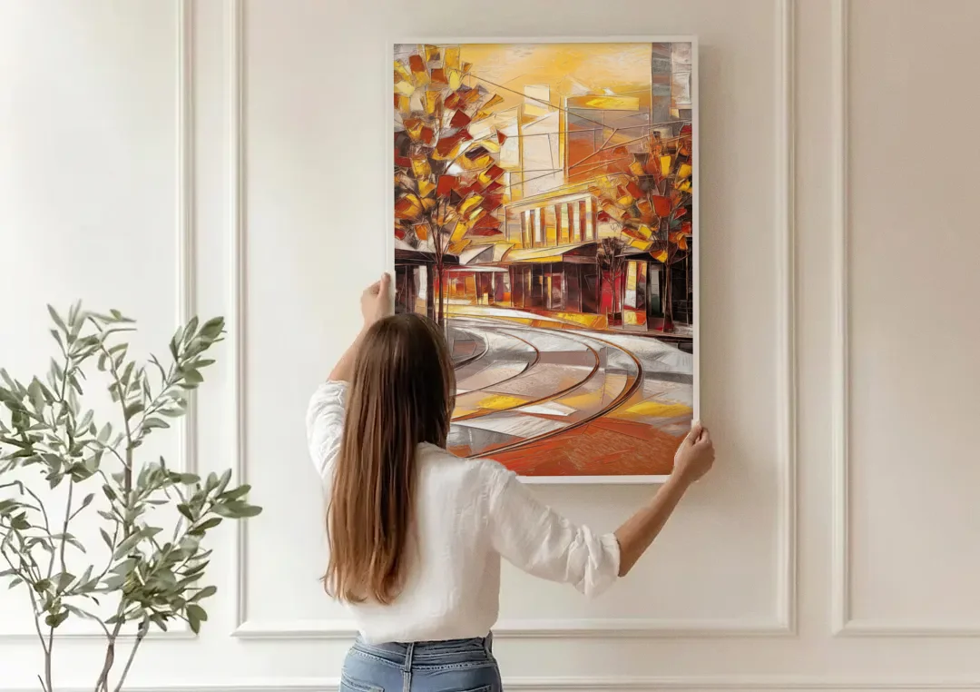 Little Rock River Market View canvas wall art being hung on a paneled wall