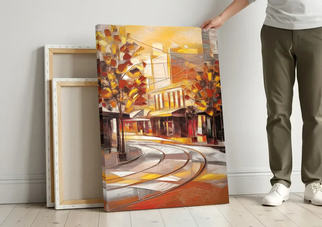 Little Rock River Market View canvas wall art leaning against a wall next to blank canvases