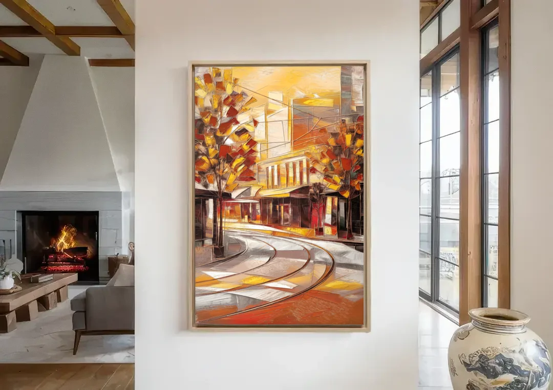 Little Rock River Market View canvas wall art in a living room with a fireplace