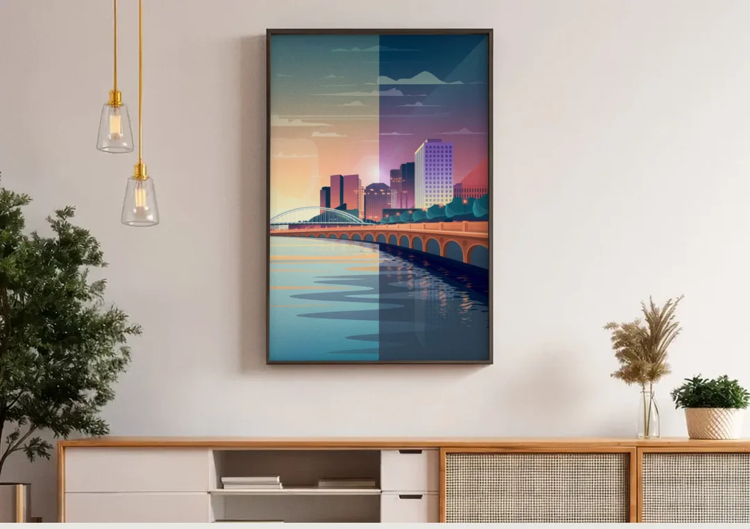 Little Rock Scenic Riverfront canvas wall art above a wooden sideboard under pendant lights