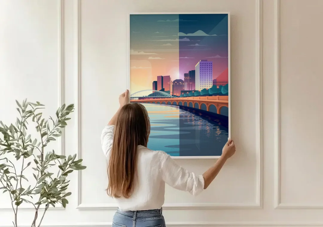 Little Rock Scenic Riverfront canvas wall art being hung on a paneled wall