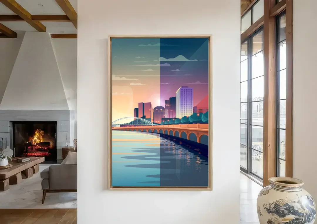 Little Rock Scenic Riverfront canvas wall art in a living room with a fireplace
