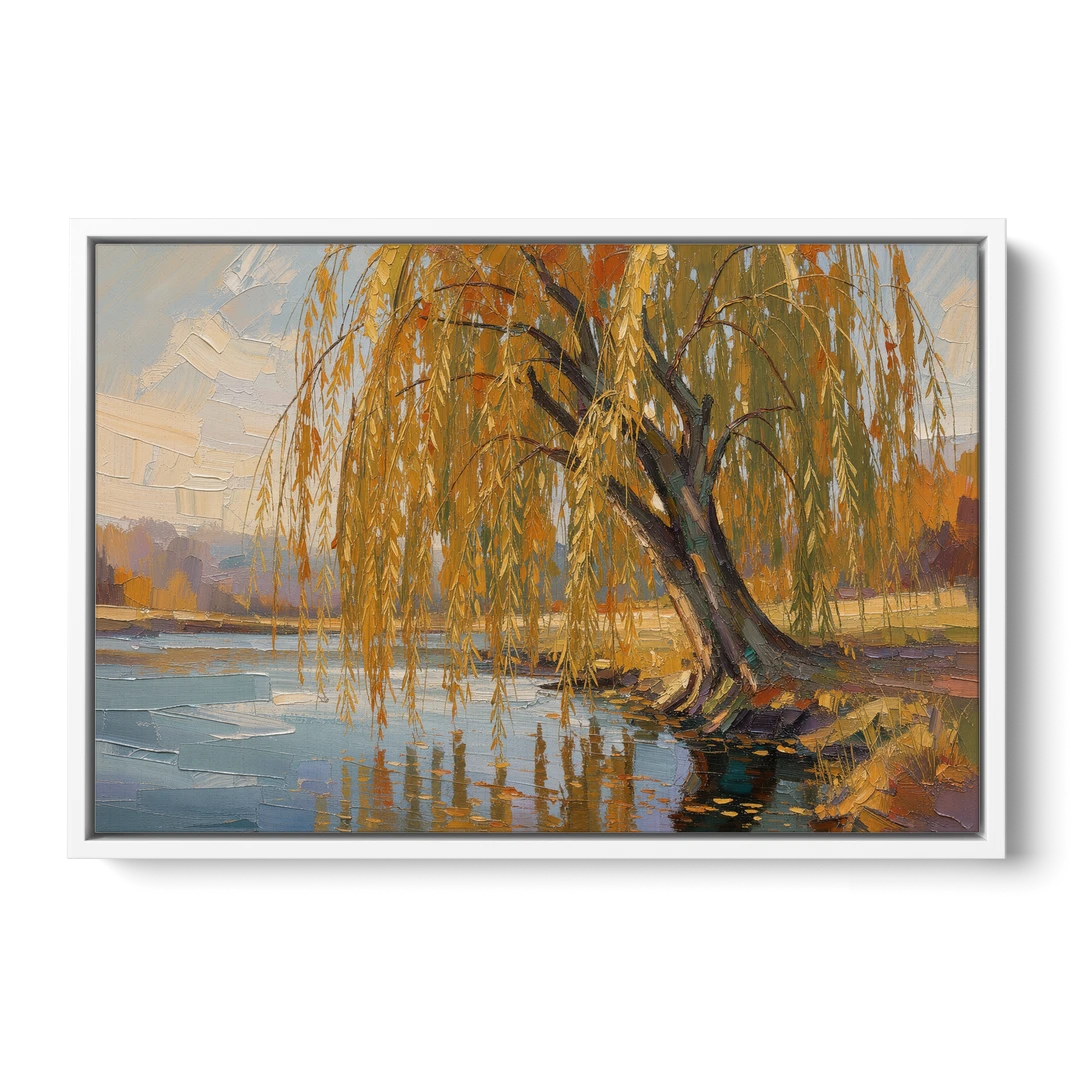 Living Room Wall Decor with Weeping Willow in Autumn - White Framed Canvas Wall Art - Front