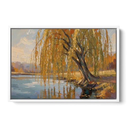 Living Room Wall Decor with Weeping Willow in Autumn - White Framed Canvas Wall Art - Front