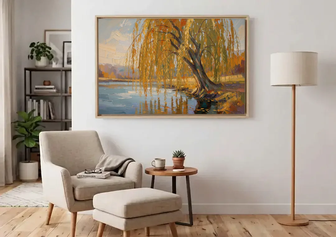 Living Room Wall Decor with Weeping Willow in Autumn canvas wall art above an armchair in a bright living room
