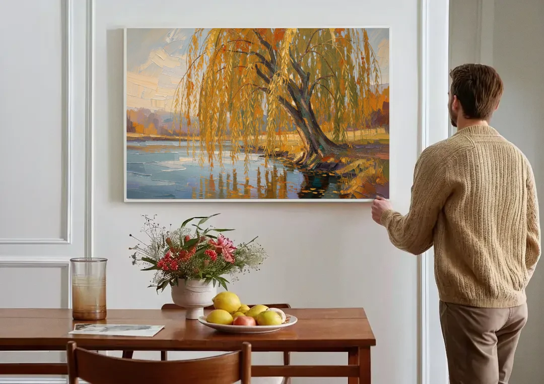 Living Room Wall Decor with Weeping Willow in Autumn canvas wall art above a dining table