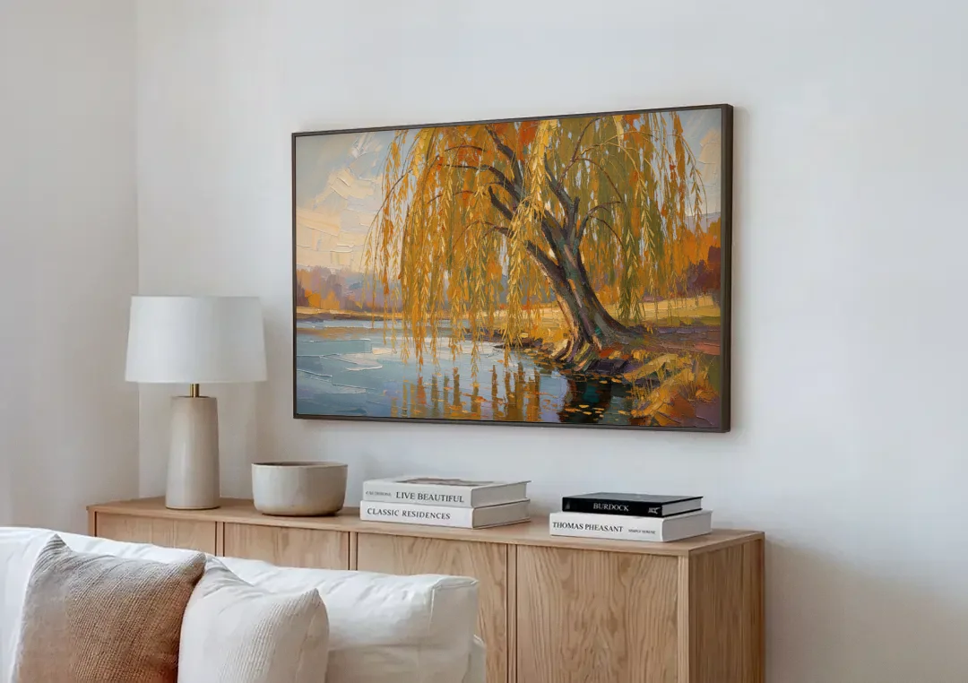 Living Room Wall Decor with Weeping Willow in Autumn canvas wall art above a wooden sideboard next to a sofa