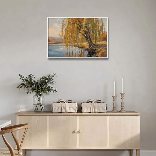 Living Room Wall Decor with Weeping Willow in Autumn - White Framed Canvas Wall Art - Coffee Table - 36x24