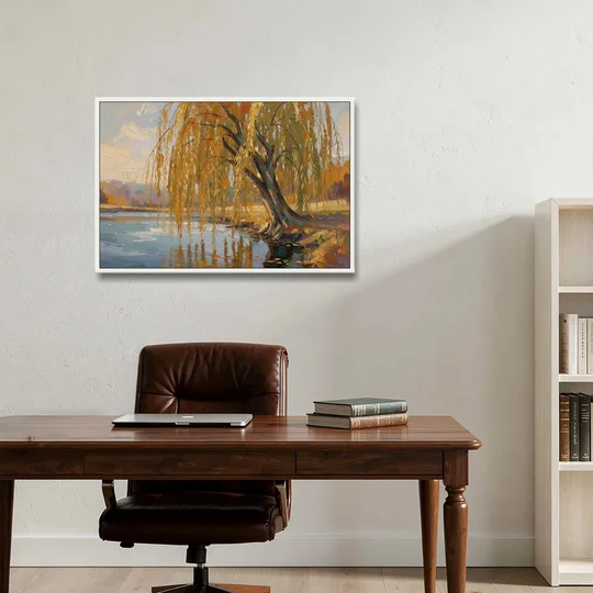 Living Room Wall Decor with Weeping Willow in Autumn - White Framed Canvas Wall Art - Office - 36x24