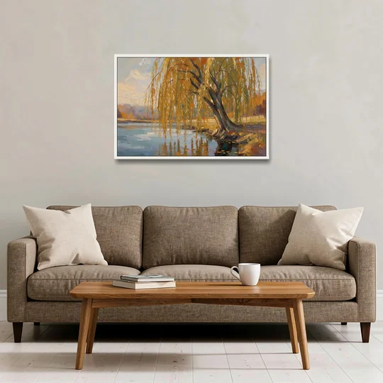 Living Room Wall Decor with Weeping Willow in Autumn - White Framed Canvas Wall Art - Sofa - 36x24
