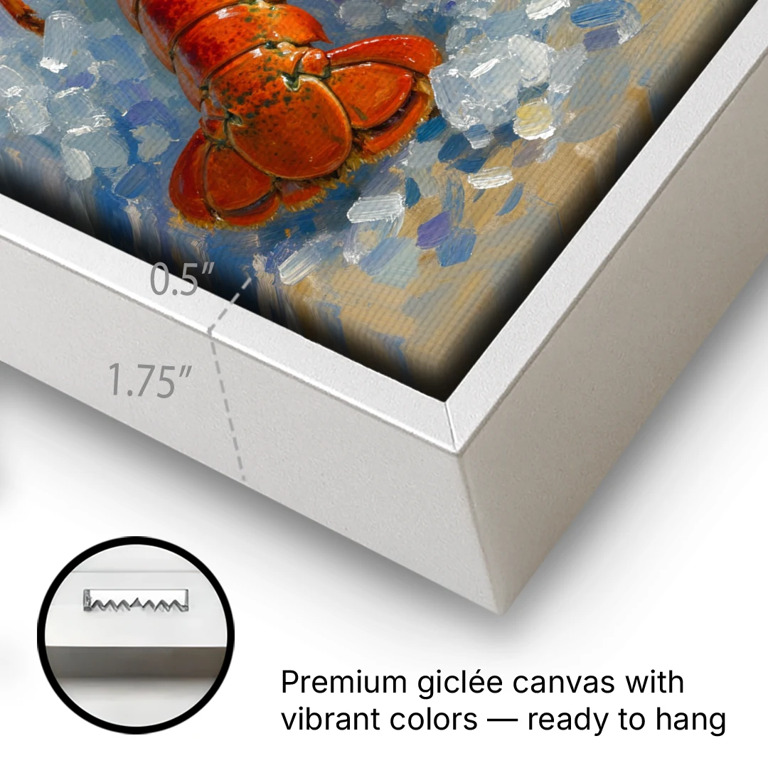 Lobster Painting on Crushed Ice with Lemons - White Framed Canvas Wall Art - Gallery Wrap Corner