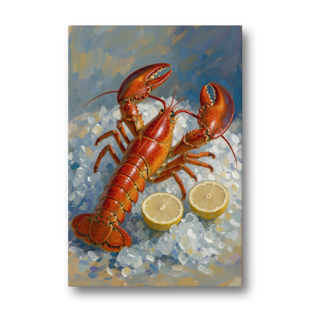 Lobster Painting on Crushed Ice with Lemons - Canvas Wall Art - Front