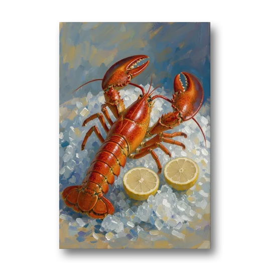 Lobster Painting on Crushed Ice with Lemons - Canvas Wall Art - Front