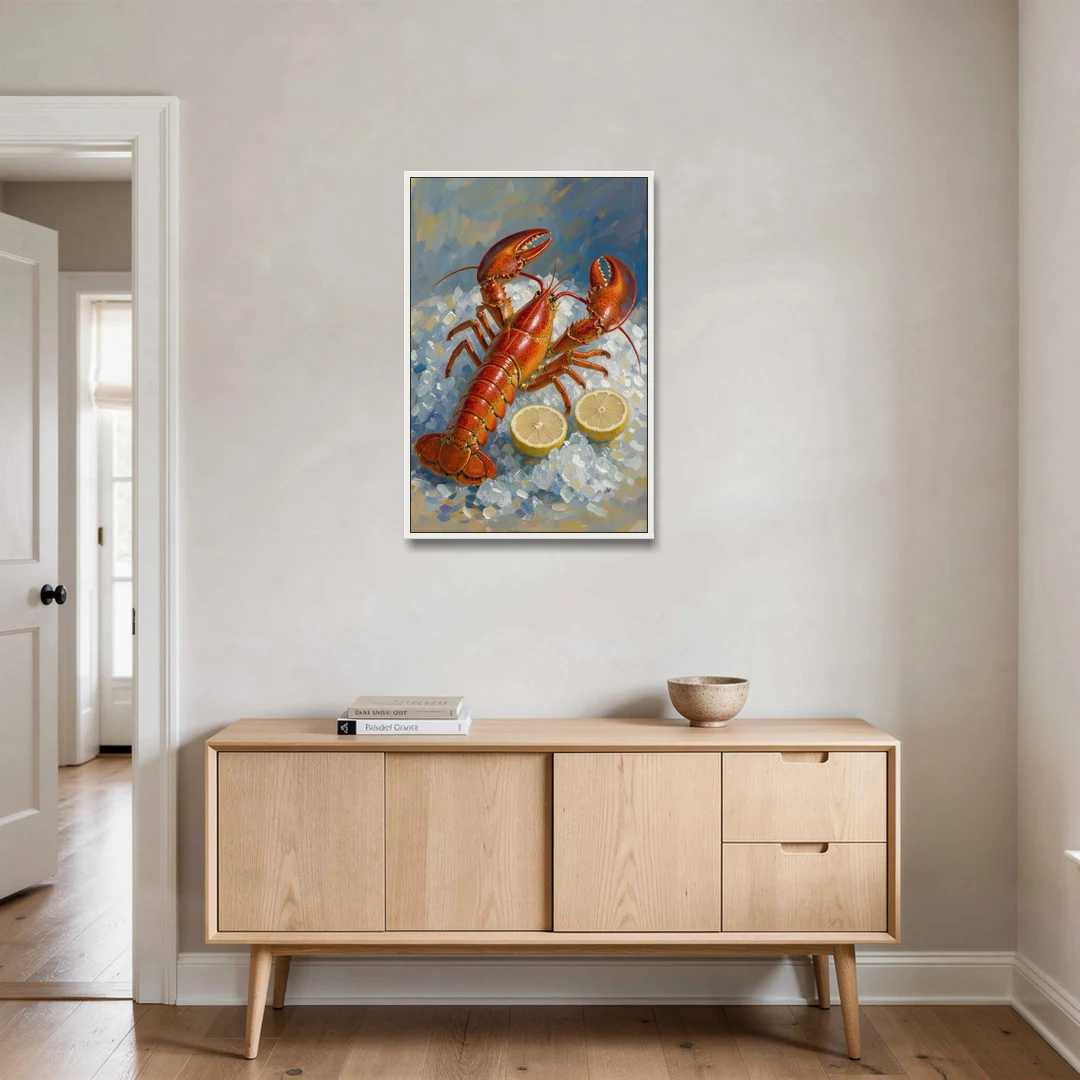 Lobster Painting on Crushed Ice with Lemons - White Framed Canvas Wall Art - Coffee Table - 24x36
