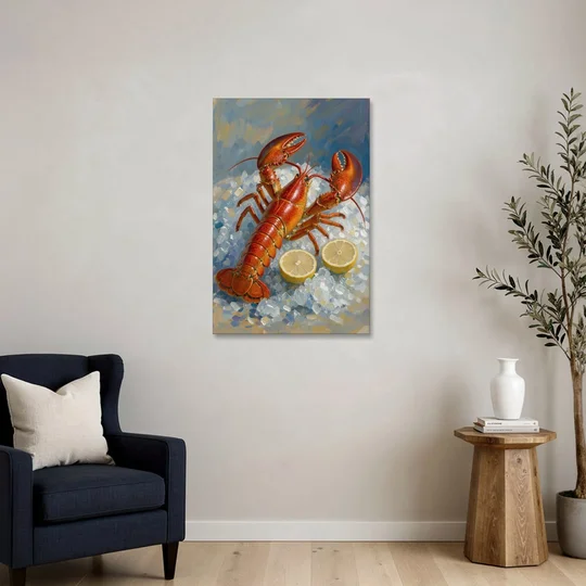 Lobster Painting on Crushed Ice with Lemons - Canvas Wall Art - Sofa - 24x36