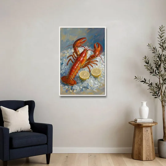 Lobster Painting on Crushed Ice with Lemons - White Framed Canvas Wall Art - Sofa - 24x36