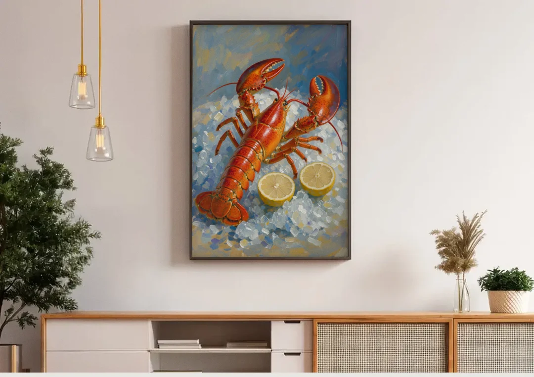 Lobster Painting on Crushed Ice with Lemons canvas wall art above a wooden sideboard under pendant lights