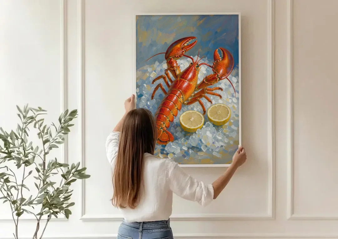 Lobster Painting on Crushed Ice with Lemons canvas wall art being hung on a paneled wall