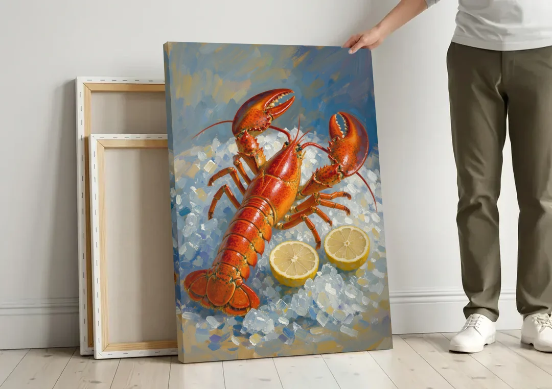 Lobster Painting on Crushed Ice with Lemons canvas wall art leaning against a wall next to blank canvases