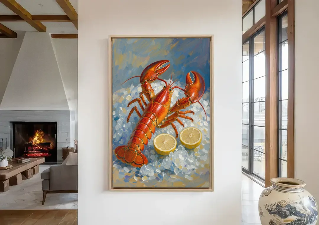 Lobster Painting on Crushed Ice with Lemons canvas wall art in a living room with a fireplace