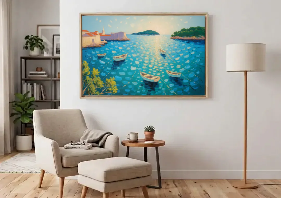 Lokrum Island Escape canvas wall art above an armchair in a bright living room
