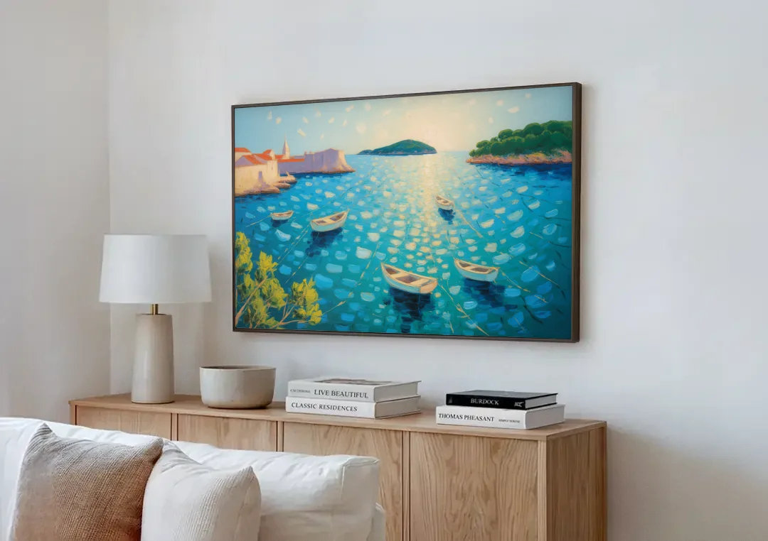 Lokrum Island Escape canvas wall art above a wooden sideboard next to a sofa