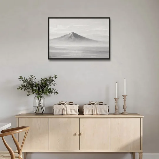 Lone Mountain Peak Above a Sea of Mist - Black Framed Canvas Wall Art - Coffee Table - 36x24