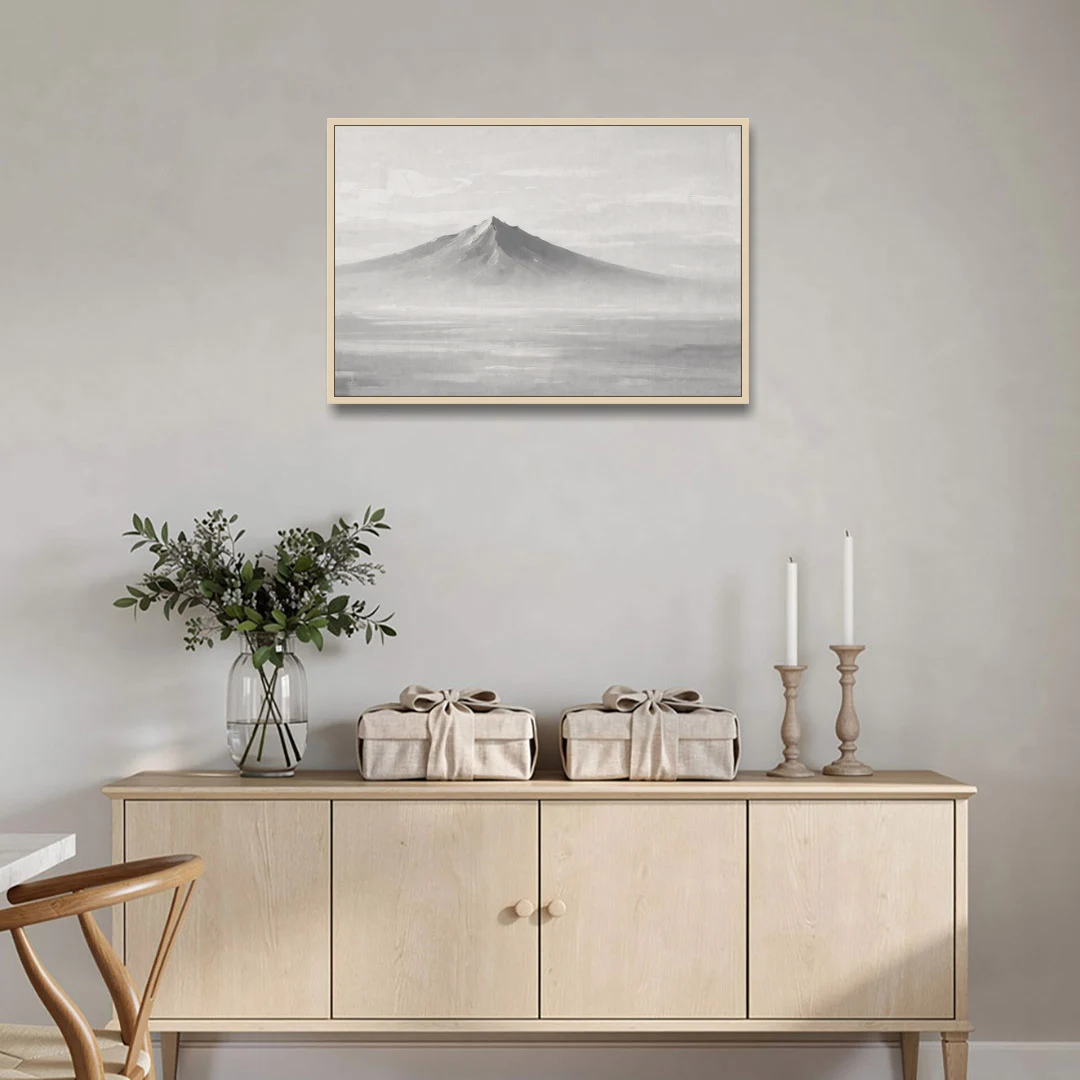 Lone Mountain Peak Above a Sea of Mist - Oak Framed Canvas Wall Art - Coffee Table - 36x24