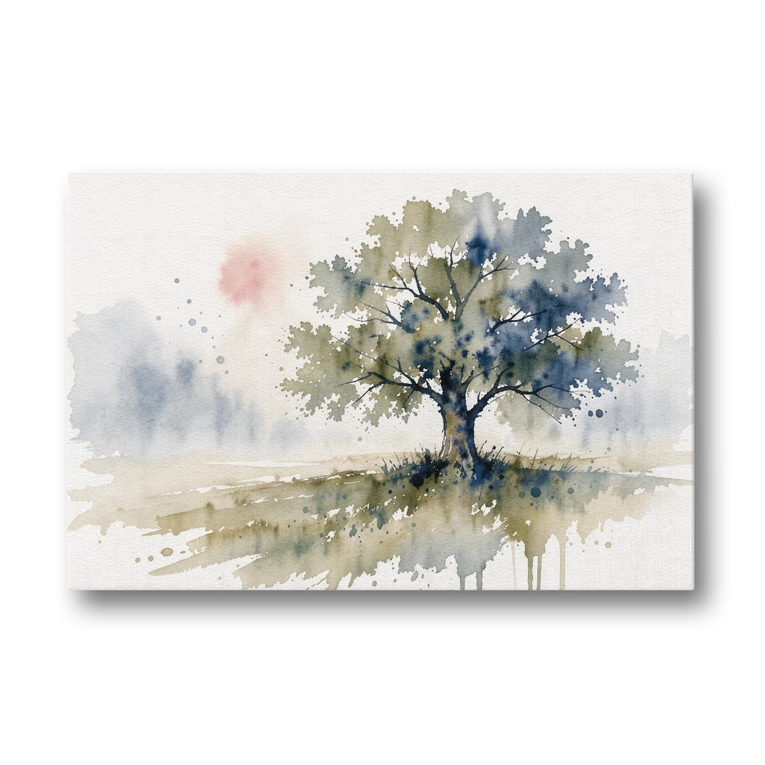 Lone Oak Tree in a Misty Meadow - Canvas Wall Art - Front
