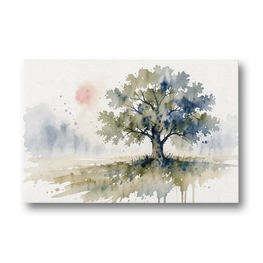 Lone Oak Tree in a Misty Meadow - Canvas Wall Art - Front