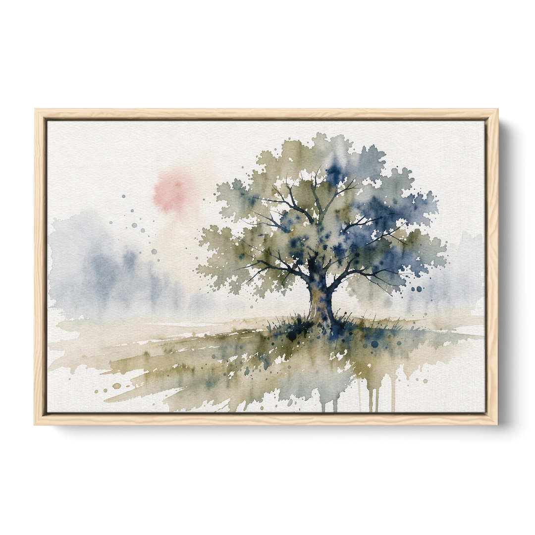Lone Oak Tree in a Misty Meadow - Oak Framed Canvas Wall Art - Front
