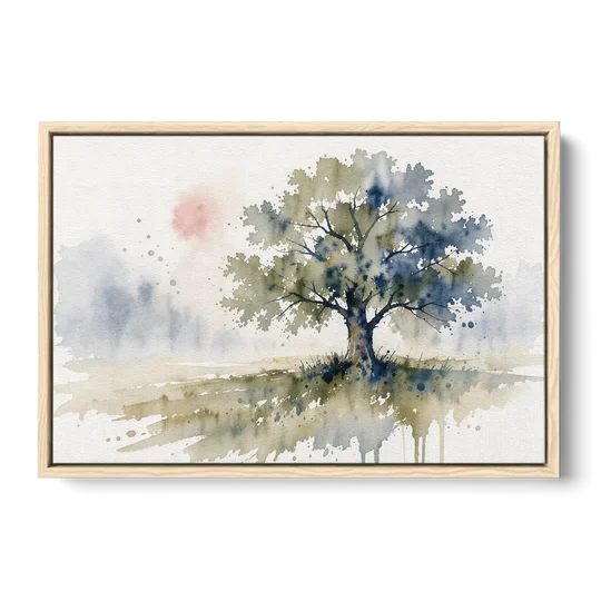 Lone Oak Tree in a Misty Meadow - Oak Framed Canvas Wall Art - Front