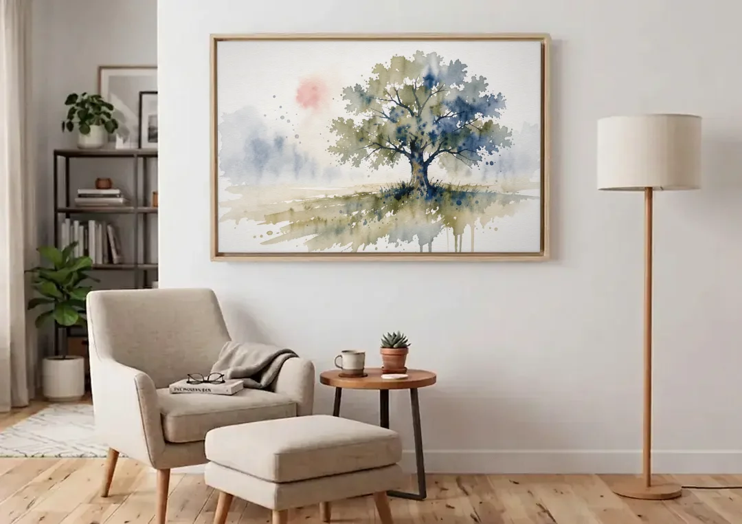 Lone Oak Tree in a Misty Meadow canvas wall art above an armchair in a bright living room