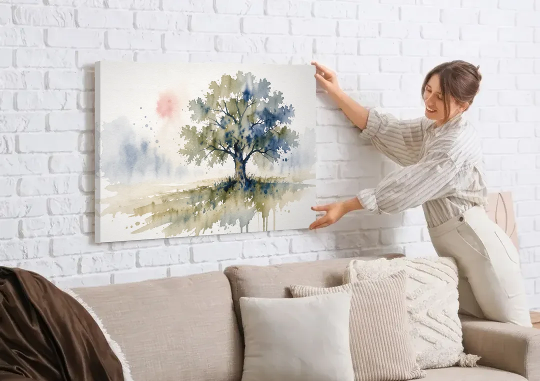 Lone Oak Tree in a Misty Meadow canvas wall art being hung on a white brick wall above a sofa