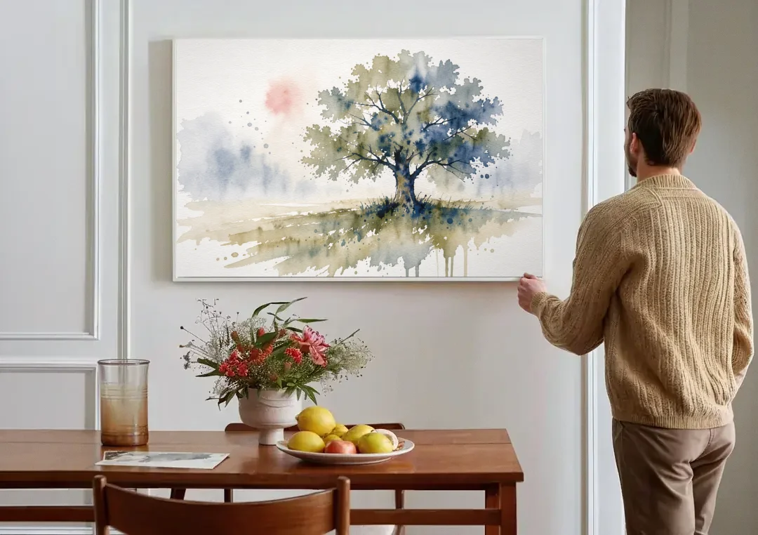 Lone Oak Tree in a Misty Meadow canvas wall art above a dining table